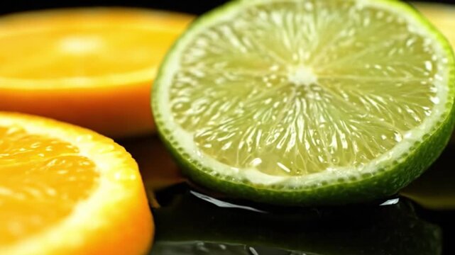 Sliced citrus fruits orange lemon and lime close up food photography