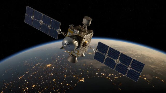 Metallic Satellite with Solar Panels Above Earth
