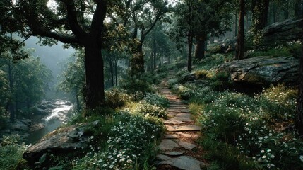 Fototapeta premium Serene Forest Path Winding Through Lush LandscapeCategory Landscapes