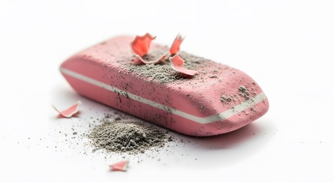 Pink eraser with pencil shavings and sharpener