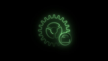 Futuristic green neon gear mechanism with abstract circular elements on black background
