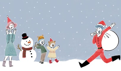 雪が降る夜にサンタクロースの衣装を着た父親が家族のもとに駆けつけるシーンのイラスト