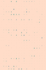Minimalist Christmas Tree Pattern on Peach Background with Scattered Blue and Green Conical Shapes and Subtle Grid Dots