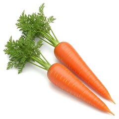 Two fresh orange carrots with green leafy tops image