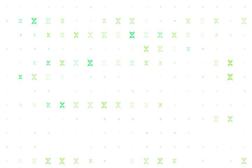 Abstract digital background with glowing green DNA helix symbols arranged in a grid pattern, representing genetics, biotechnology, and scientific innovation