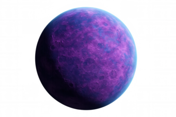 Purple and blue planet floating in space, exploring astronomy concepts, fantasy exoplanet with cratered surface
