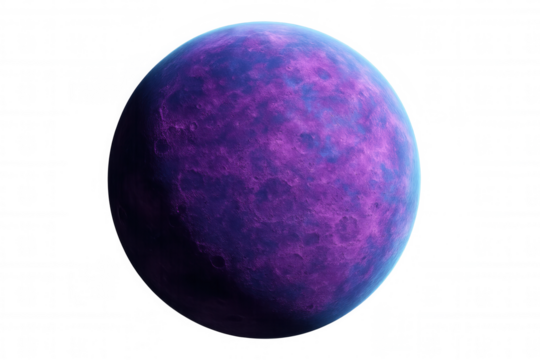 Purple and blue planet floating in space, exploring astronomy concepts, fantasy exoplanet with cratered surface