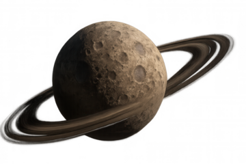 Ringed alien planet showing massive impact craters, orbiting celestial body, transparent space background