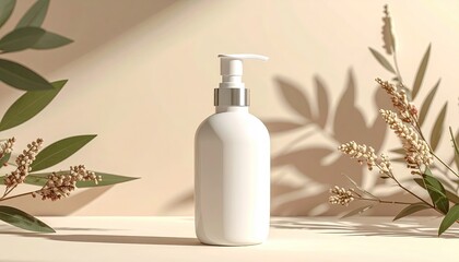 Clean White Dispenser Bottle with Silver Accents Surrounded by Delicate Greenery and Soft Shadows on a Neutral Background Creating a Serene and Natural Aesthetic
