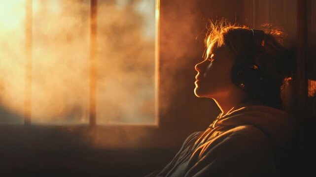 Quiet Contemplation: In a warmly lit room, a person gazes pensively out a window, enveloped by the soft glow of the setting sun, creating a moment of introspective reflection.