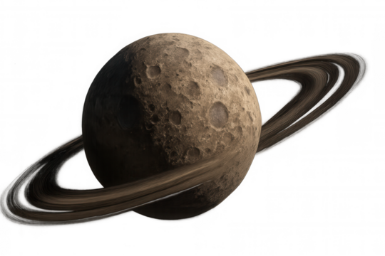 Ringed alien planet showing massive impact craters, orbiting celestial body, transparent space background