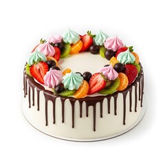 White Cake with Chocolate Drip and Fruit Meringue Topping