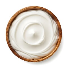 White yogurt swirl in wooden bowl overhead view creamy