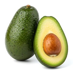 Whole and halved avocado with water droplets on white background