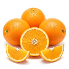 Whole and sliced oranges on white background citrus