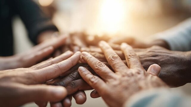 Unity and Solidarity: A collective of hands, diverse in age and origin, join together in a powerful display of solidarity, symbolizing collaboration, and unwavering support.