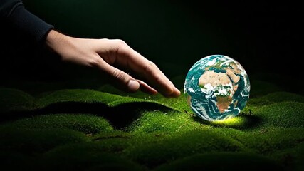 human hand about to touch a glowing egg-shaped globe, symbolizing the fragility of our planet, environmental responsibility, and global conservation - Powered by Adobe
