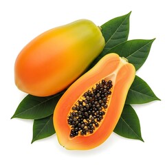 Whole and halved papaya fruit with green leaves tropical