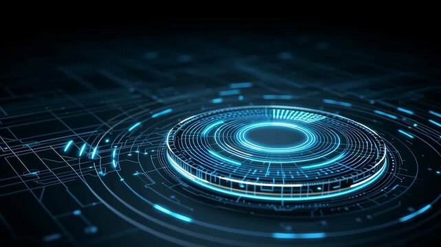 A futuristic digital interface with glowing circular patterns and lines.