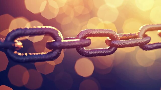 A close-up of a rusty chain link against a bokeh background.