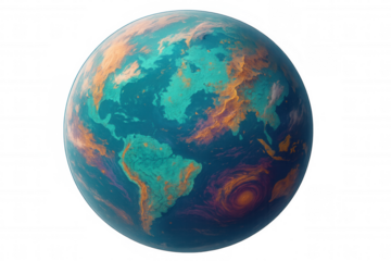 Planet earth illustration with stylized land and ocean colors showing climate change impact and global environmental concern
