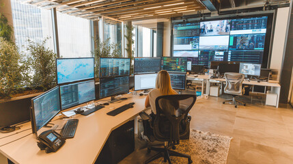 Photo of modern office with lots of computer screens and one person working