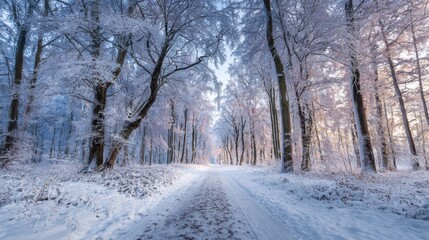 Naklejka premium A snowy forest path with trees covered in snow. The snow is white and the sky is blue