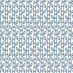Seamless Pattern of Blue Bamboo Stalks with Green Leaves on White Background Hand Drawn Style