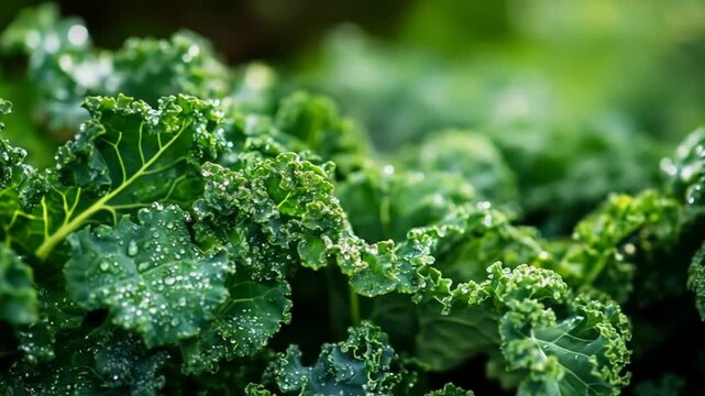 Close up of fresh green kale leaves with water droplets detail