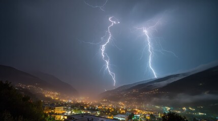 Bright lightning bolts dance above a charming valley showcasing natures power in a dramatic storm.