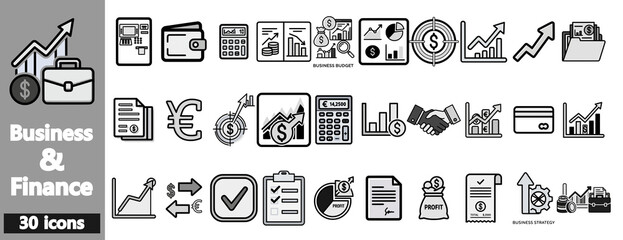 Set of business and finance icons in black and white.