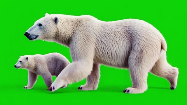 Two polar bears walking side by side on a green screen for compositing and visual effects use bear green screen video