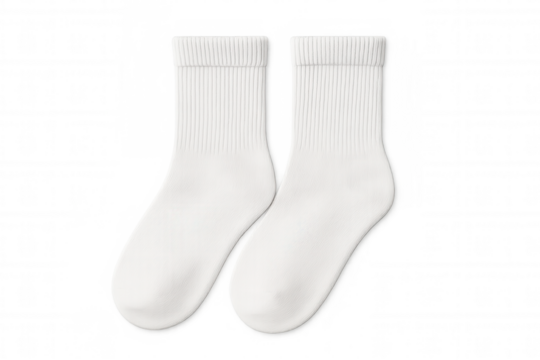 Pair of white cotton tube socks with ribbed cuff, clean blank mock-up template, transparent background