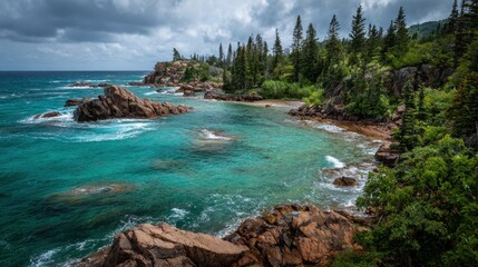 Fototapeta premium Turquoise waters gently lap against rocky shores surrounded by lush greenery under a cloudy sky.