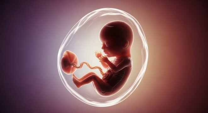 Developing human fetus inside amniotic sac during pregnancy gestation illustration