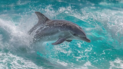Obraz premium A playful dolphin jumps through sparkling turquoise water creating splashes in the sunlit sea.