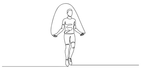 Continuous one line drawing of a person jumping rope, symbolizing energy, health, and rhythm, vector illustration style.