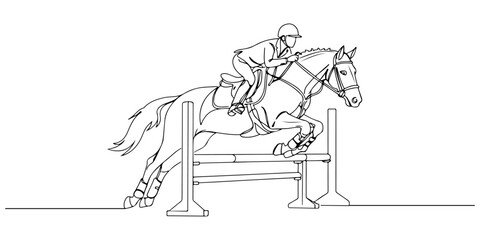 Continuous one line drawing of a horse rider jumping over an obstacle, symbolizing harmony, skill, and challenge, style vector illustration.