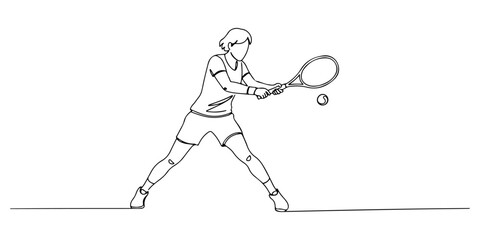 Continuous one line drawing of a person playing tennis with a racket, representing agility, focus, and sport, vector illustration style.