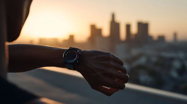 Smartwatch on wrist against cityscape at dusk. Wearable tech for fitness and health tracking in outdoor urban setting. Sunset light enhances modern active lifestyle - Powered by Adobe