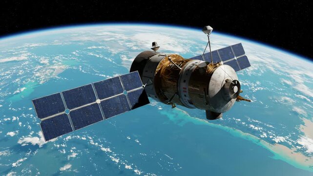Space module orbiting above Earth with solar panels extended