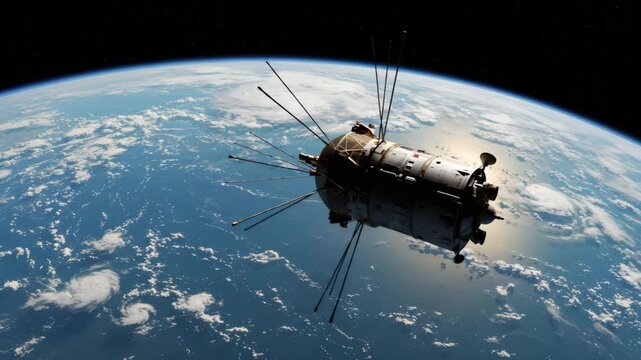 Research Satellite with Extended Antennas in Orbit