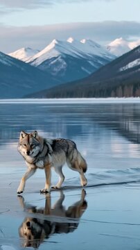 Coywolf walking on frozen lake surrounded by snow mountains and calm water