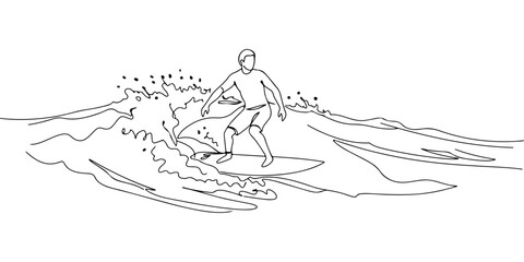Continuous one line drawing of a surfer riding a wave, representing adventure, movement, and nature, style vector illustration.