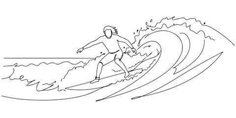 Continuous one line drawing of a surfer riding a wave, representing adventure, movement, and nature, style vector illustration.