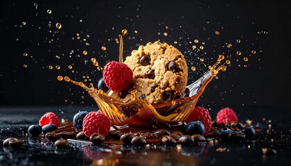 Chocolate chip cookie with coffee splash and berries in dramatic gourmet style