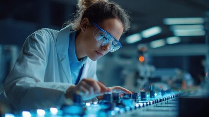 Precision and Expertise: A focused scientist meticulously examines intricate circuits in a cutting-edge laboratory, embodying the pinnacle of technological innovation and scientific advancement. - Powered by Adobe