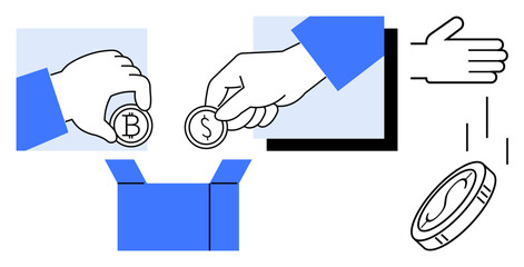Hands exchanging coins, placing them in virtual boxes, handing and tossing currency. Ideal for investment, donation, digital finance, savings, e-commerce, crowdfunding and transactions in simple