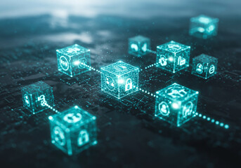 Digital Blockchain Network Connecting Glowing Cubes with Icons