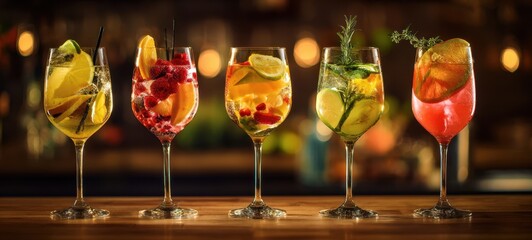 The cocktail glasses lineup with colorful fruit garnishes and bokeh bar background